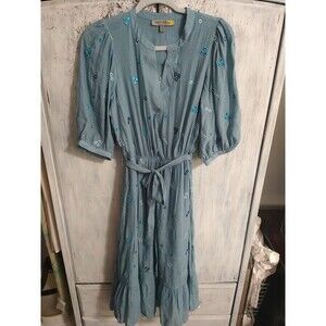 Figueroa&Flower Puff Sleeve Embroidered Maxi Dress Blue Sm Boho Feminine Cottage